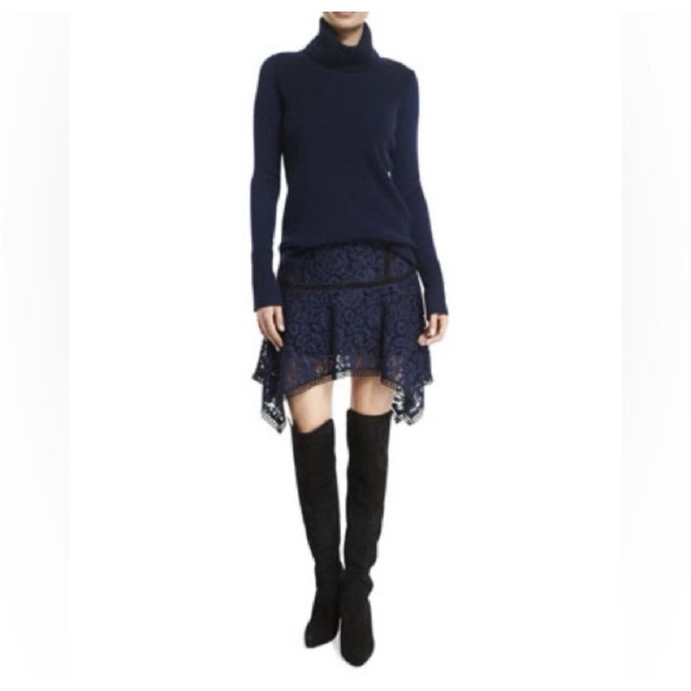 Veronica Beard Lace Mini Skirt Navy Sz 6 Asymmetrical Hem - Picture 2 of 13